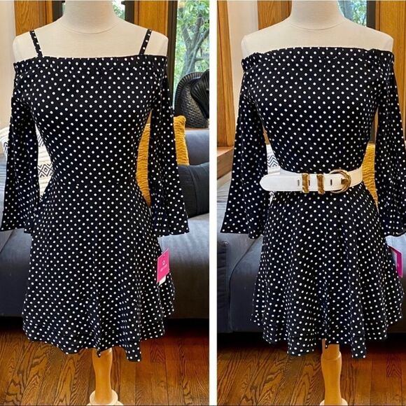 Vintage Dresses & Skirts - Peak 90s Gal Vintage Deadstock Off Shoulder Polka Dot Mini